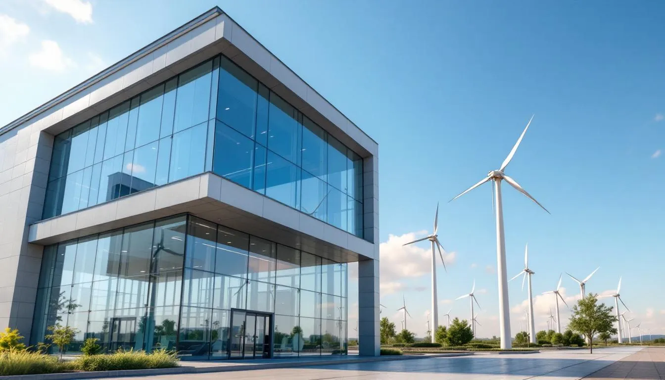 Das Bild zeigt moderne Bürogebäude, die von Windkraftanlagen umgeben sind, was auf eine nachhaltige Unternehmensstrategie hinweist. Diese Architektur symbolisiert die Chancen und Herausforderungen, die der Klimawandel und die damit verbundenen klimarisiken für Unternehmen, insbesondere für KMU, mit sich bringen.