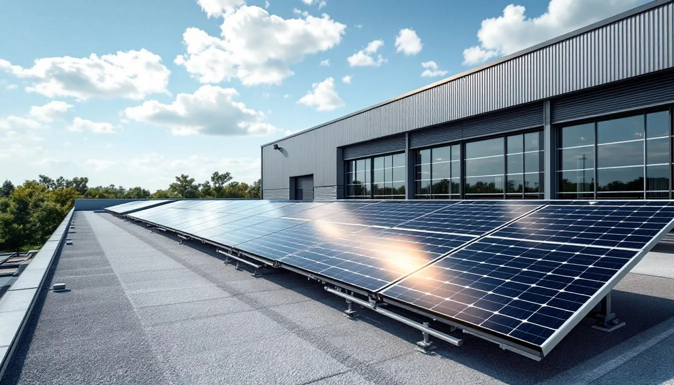 Auf dem Dach eines modernen Industriegebäudes sind mehrere Solarpaneele installiert, die zur nachhaltigen Energieerzeugung beitragen. Diese Maßnahme ist ein Teil der Unternehmensstrategie zur Anpassung an die Herausforderungen des Klimawandels und zur Minimierung von Klimarisiken.