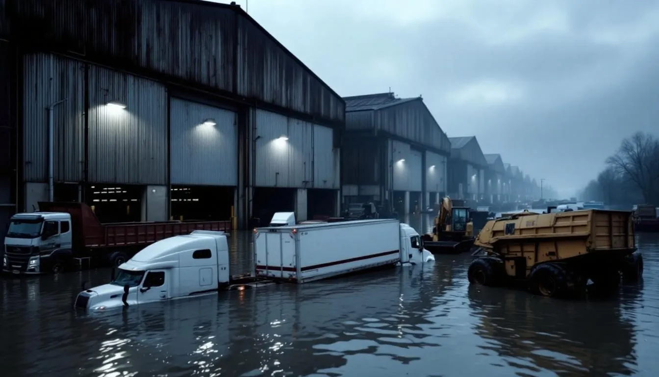 Das Bild zeigt ein überschwemmtes Industriegebiet, in dem Produktionshallen und Fahrzeuge teilweise im Wasser stehen. Diese Szene verdeutlicht die Folgen des Klimawandels und die damit verbundenen klimarisiken für Unternehmen, insbesondere für kleine und mittlere Unternehmen (KMU), die durch solche extremen Wetterereignisse vor große Herausforderungen gestellt werden.