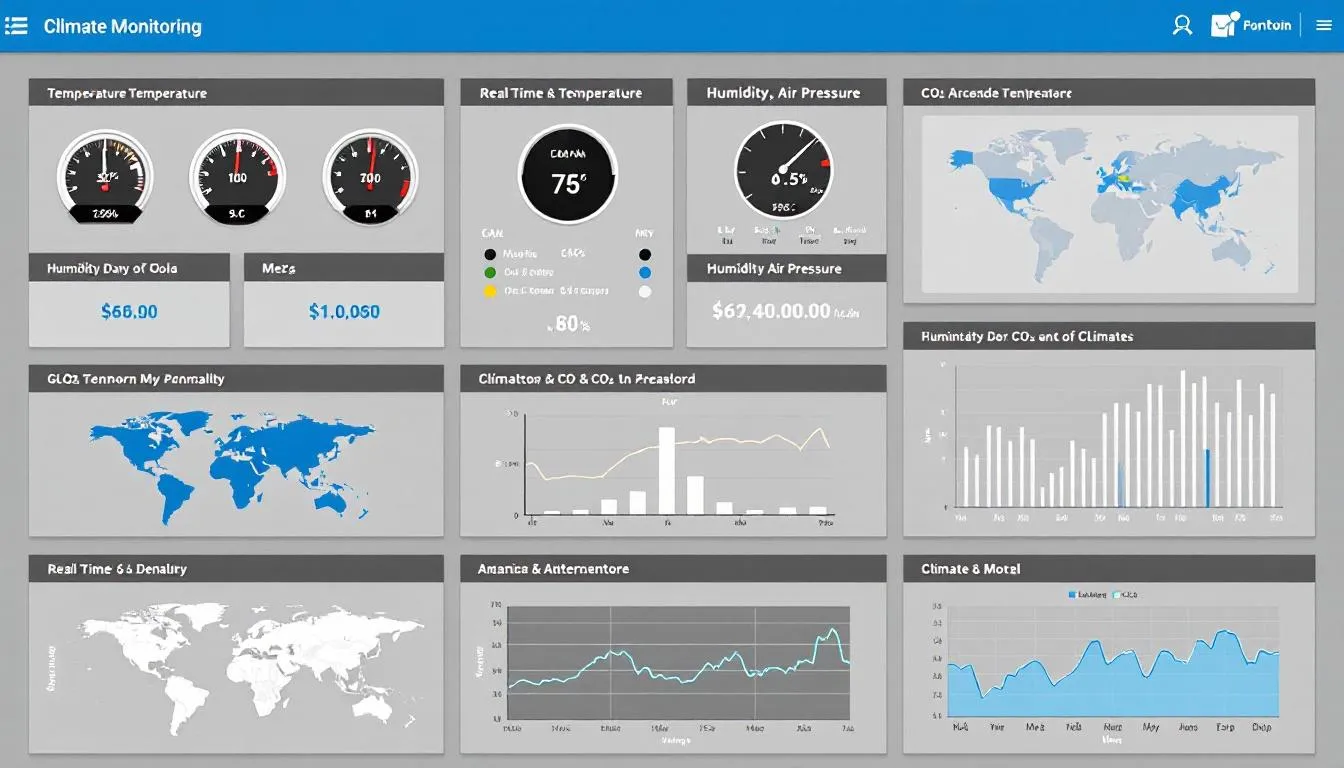 Das Bild zeigt ein Klimamonitoring-Dashboard mit verschiedenen Messinstrumenten, die zur Analyse von Klimarisiken und Nachhaltigkeitskennzahlen verwendet werden. Die grafische Darstellung ermöglicht Unternehmen, ihre Daten zu überwachen und Entscheidungen zur Anpassung an den Klimawandel zu treffen.