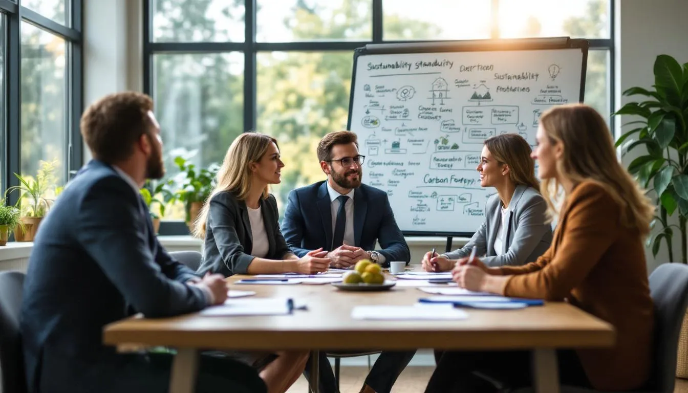 Ein Geschäftsteam sitzt an einem Konferenztisch und diskutiert Strategien zur Nachhaltigkeit, um den Klimarisiken und Anforderungen der Unternehmensführung gerecht zu werden. Auf dem Tisch liegen Notizen und Dokumente zur Nachhaltigkeitsberichterstattung, die die Transparenz und Anpassung an die neuen Standards betonen.