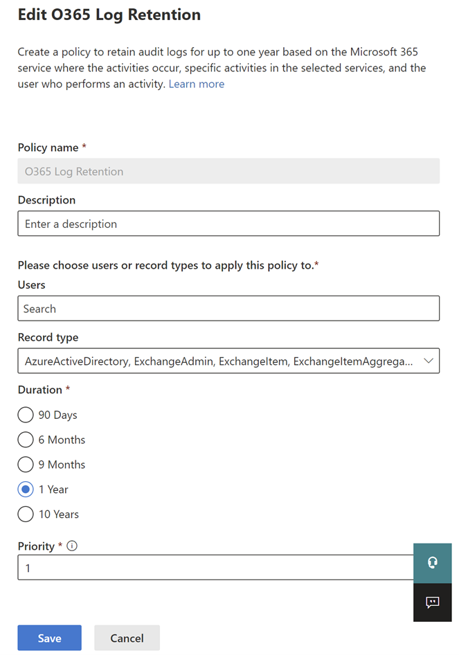 Image showing screen to create O365 Log Retention policy