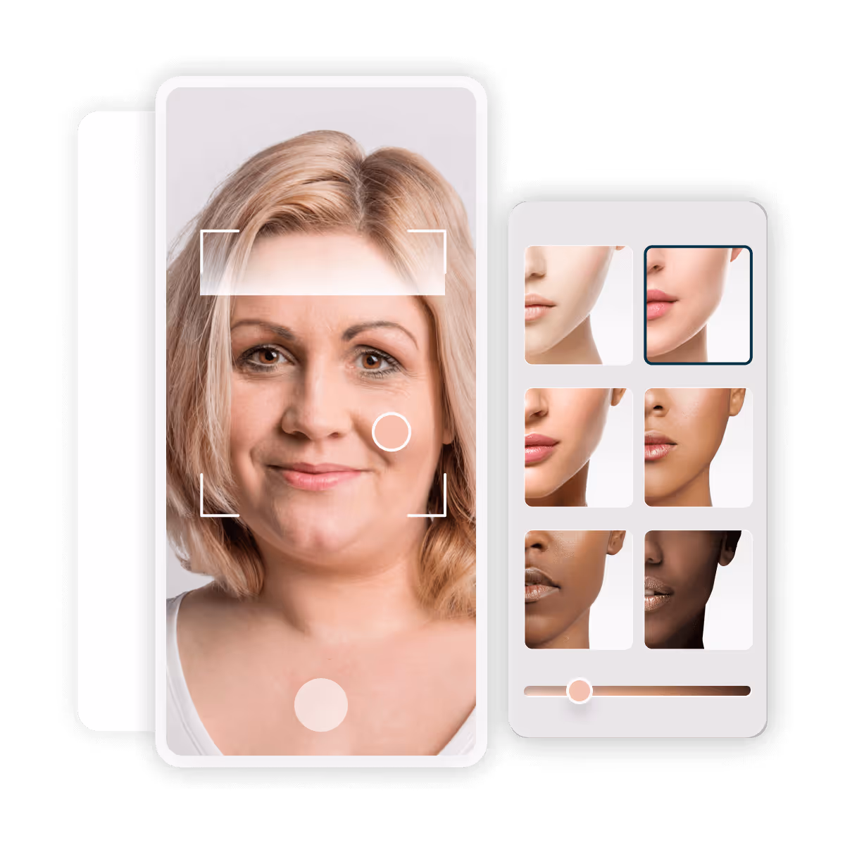 A woman using a virtual foundation shade finder to analyze her skin tone and to find the best matching foundation