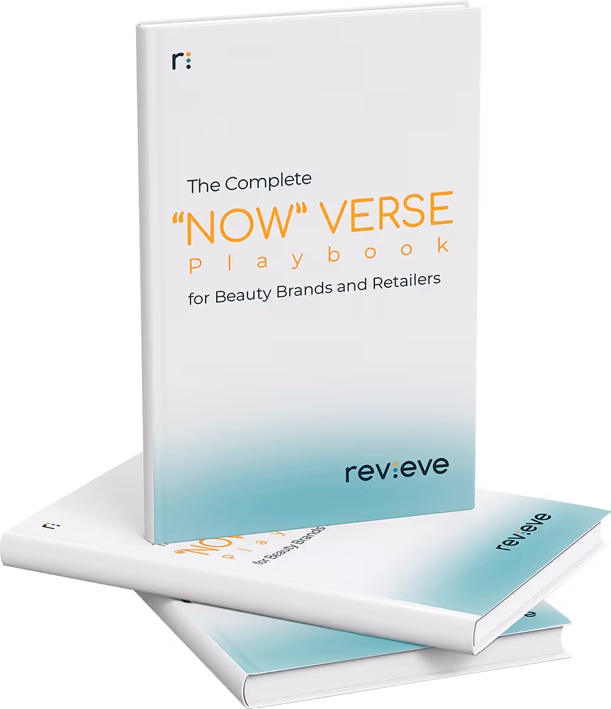 Book titled 'The Complete NOW Verse playbook for Beauty Brands and Retailers' with a white and light blue cover, stacked with two identical books.