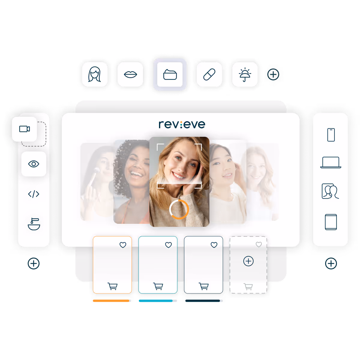 Interface of revee software showing a central photo of a smiling woman with options for applying makeup or skincare filters, shopping carts, and device views around it.