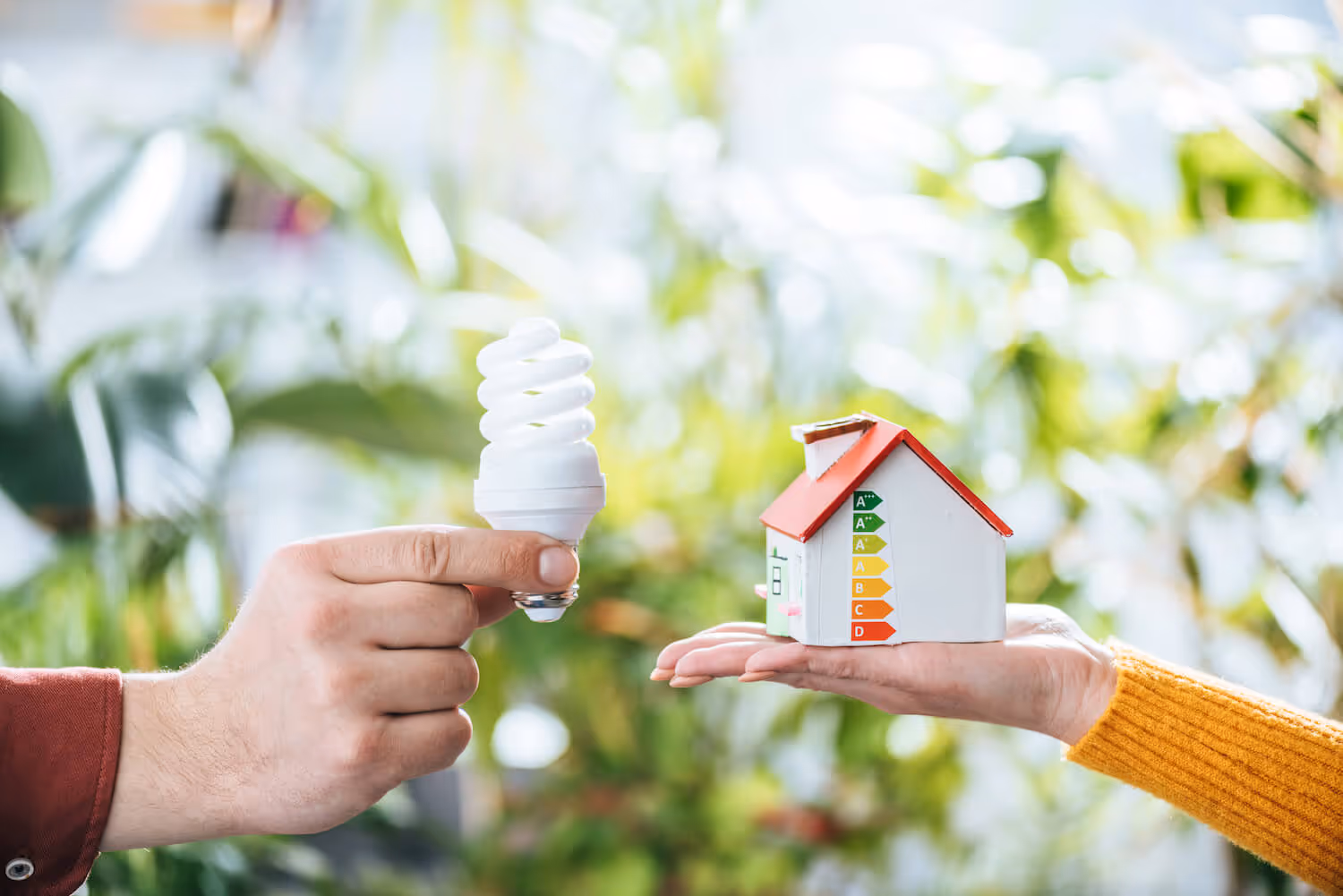 Two hands holding a compact fluorescent light bulb and a small house model with an energy efficiency rating label.