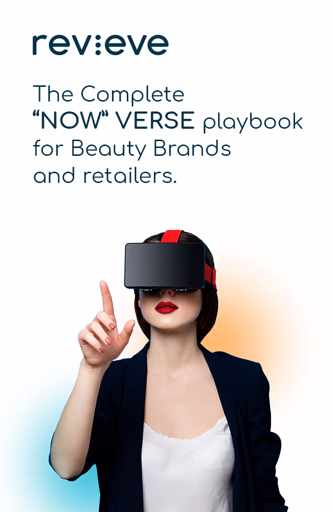 Woman wearing a VR headset with red straps, pointing forward, with text about the NOW VERSE playbook for beauty brands and retailers above.
