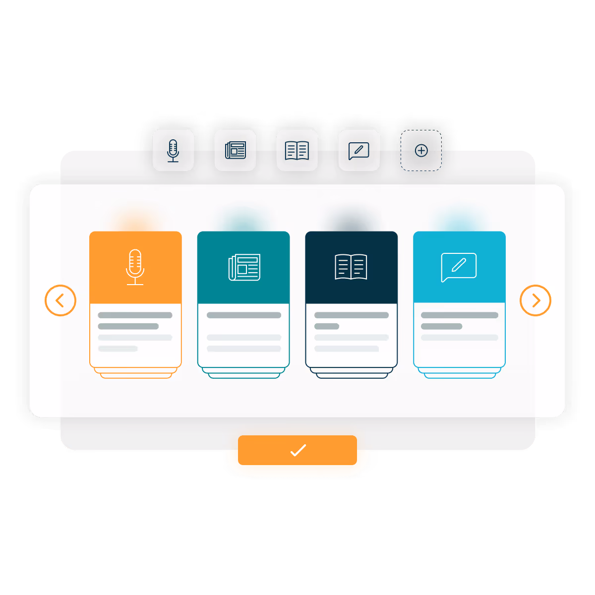 Digital interface showing four colored cards with icons of a microphone, newspaper, book, and speech bubble, with navigation arrows on each side and a checkmark button below.