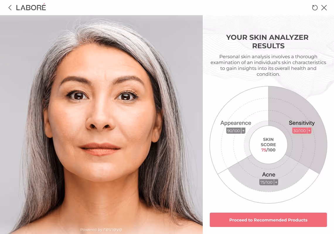 Close-up of a middle-aged woman with long gray hair next to a skin analysis report showing scores for appearance, sensitivity, and acne, with a total skin score of 75/100.