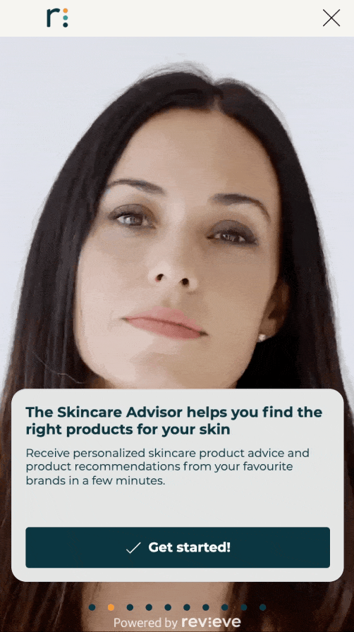 Woman with long dark hair and natural makeup promoting a skincare advisor service offering personalized product recommendations.