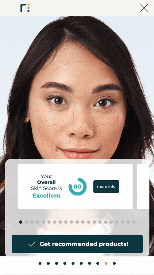 Woman with long dark hair and natural makeup promoting a skincare advisor service offering personalized product recommendations.