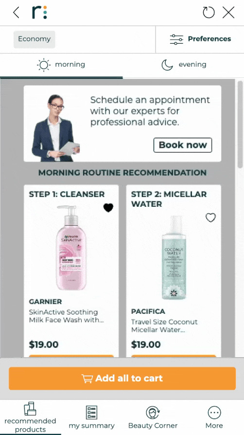 Woman with long dark hair and natural makeup promoting a skincare advisor service offering personalized product recommendations.