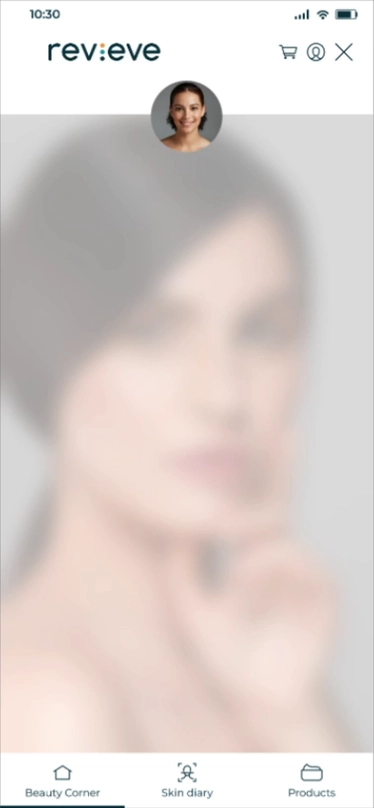 Woman with long dark hair and natural makeup promoting a skincare advisor service offering personalized product recommendations.