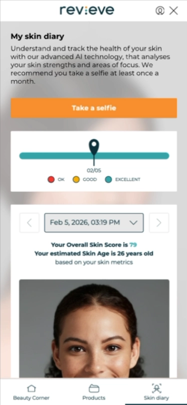 Woman with long dark hair and natural makeup promoting a skincare advisor service offering personalized product recommendations.