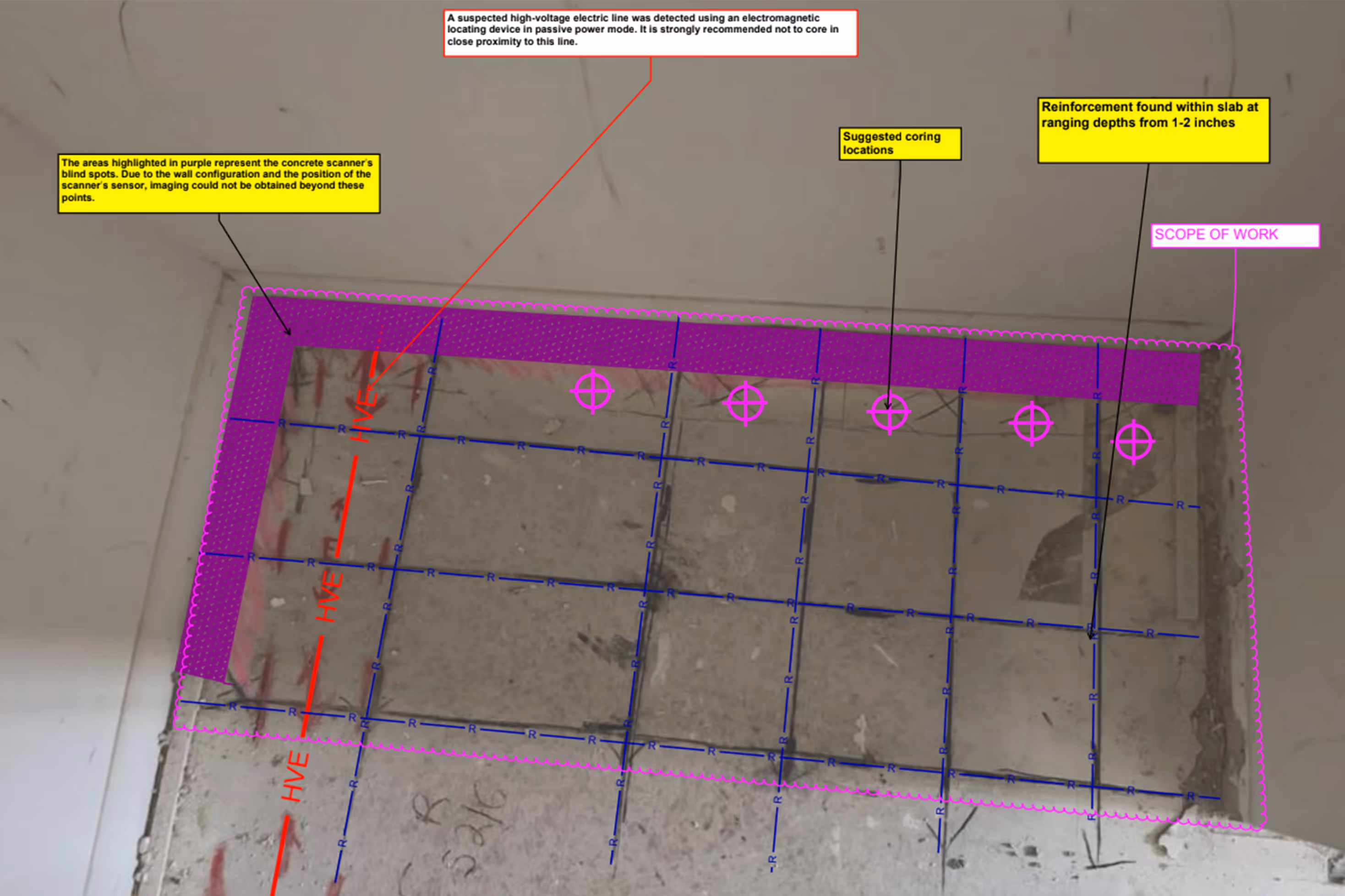 An image of a floor concrete scan with notes.