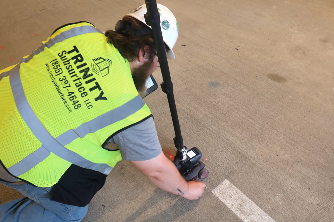 An image of a construction worker using ground penetrating radar to scan a parking garage floor for post-tension cables.
