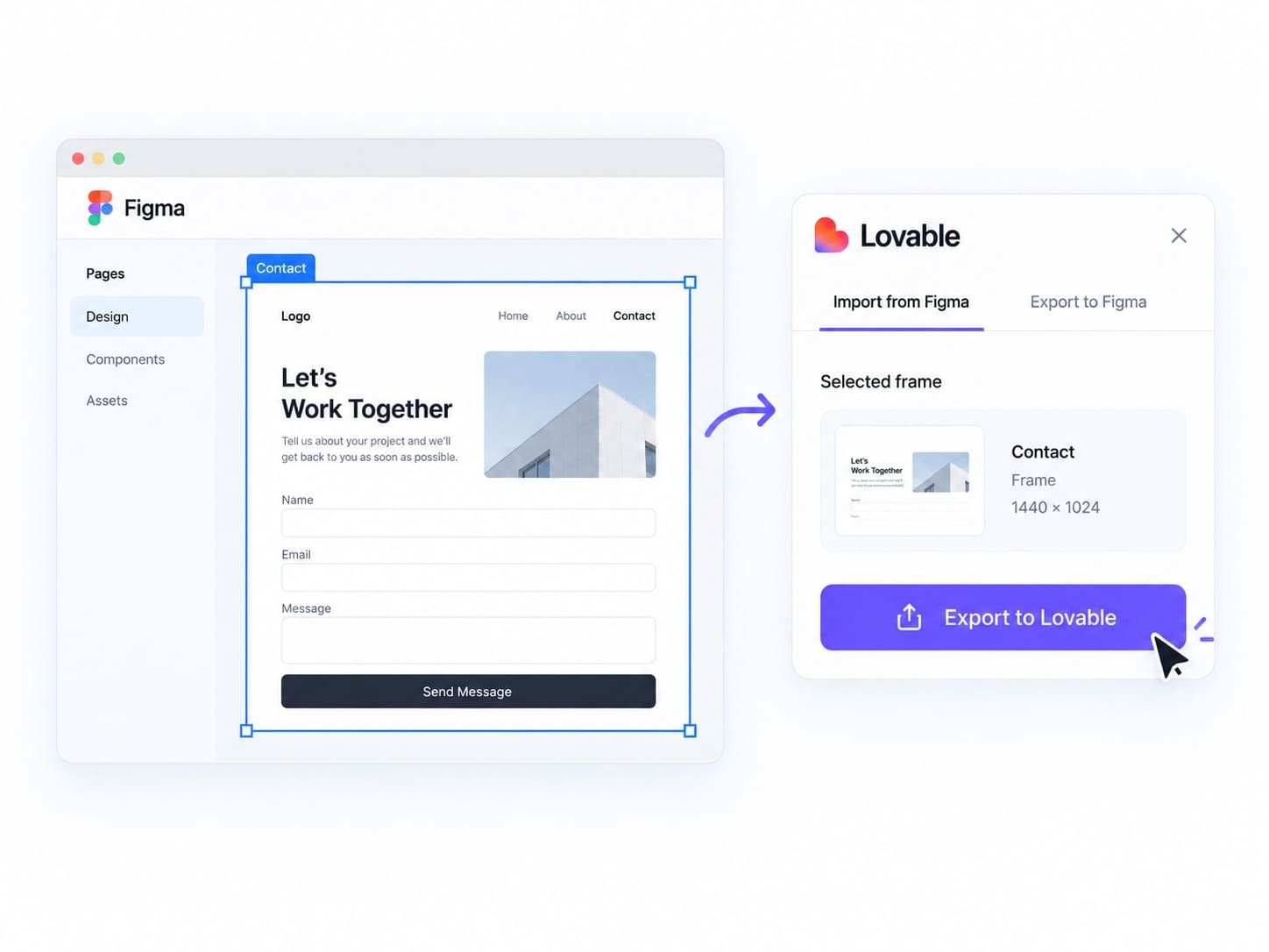 Exporting a selected Figma frame to Lovable with the Lovable Import from Figma plugin