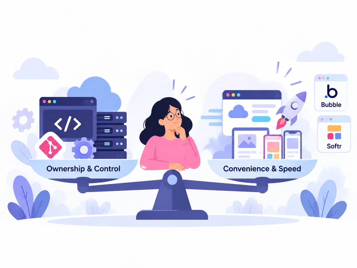 Lovable alternatives comparison showing ownership and control versus convenience and speed with hosted no-code tools