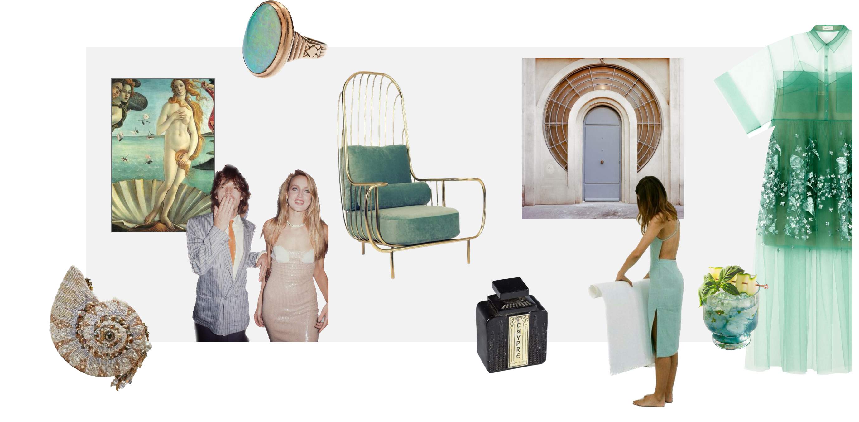 A collage of items and fashion in green hues