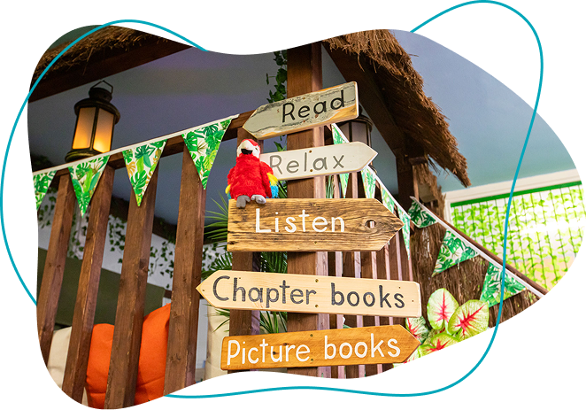Wooden signpost indoors with arrows labeled Read, Relax, Listen, Chapter books, and Picture books, decorated with a red parrot plush and green leaf bunting.