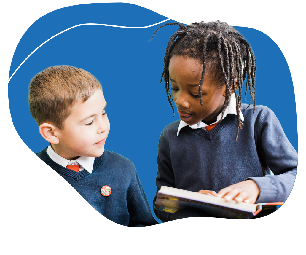 Two schoolchildren in navy uniforms reading a book together against a blue abstract background.