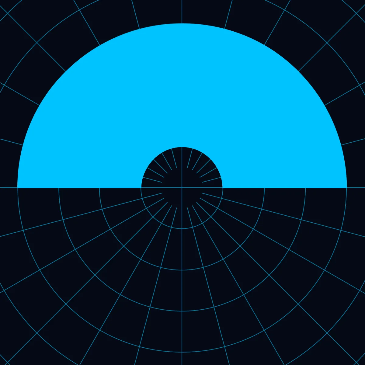 Graphic element with blue semicircle and grid inspired by star maps.