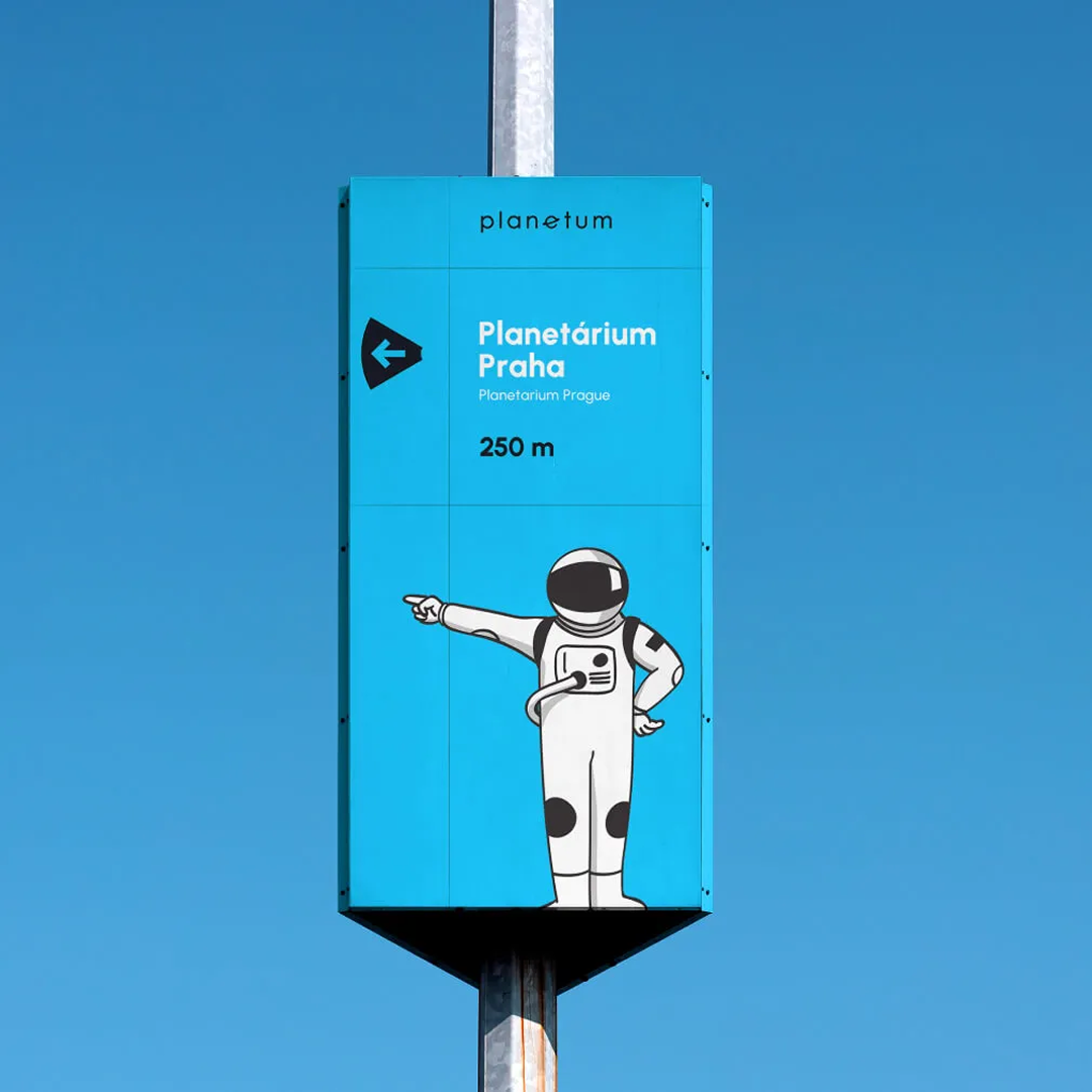 Planetarium outdoor pointer with an illustration of an astonaut showing the direction