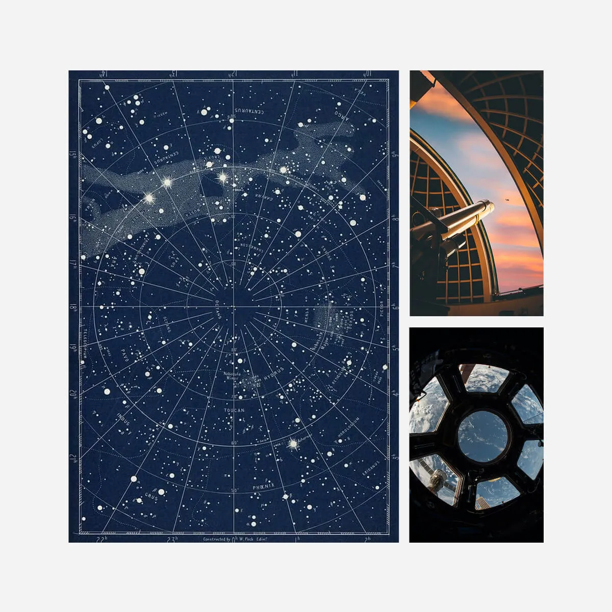 Inspiration for Planetum's new visual style — historic star map, telescope and dome.