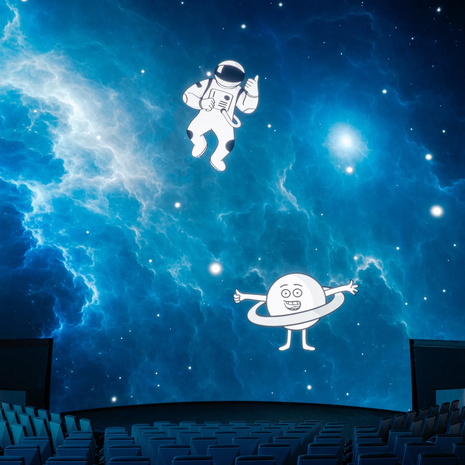 Projection in the dome of the planetarium with an illustrated astronaut mascot and a smiling planet on a cosmic background.