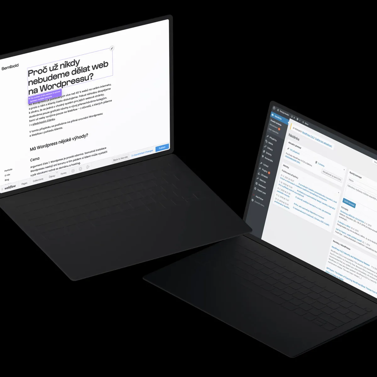 Administrační rozhraní platforem Webflow a Wordpress