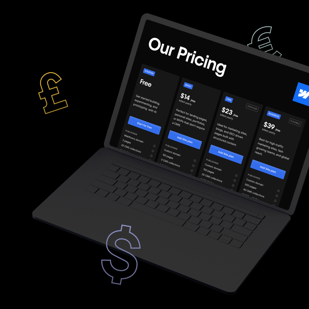 Aktuální ceny Webflow 2025. Přehledné tabulky Site a Workspace plánů s praktickými doporučeními. Zjistěte, který tarif je pro vás správný.