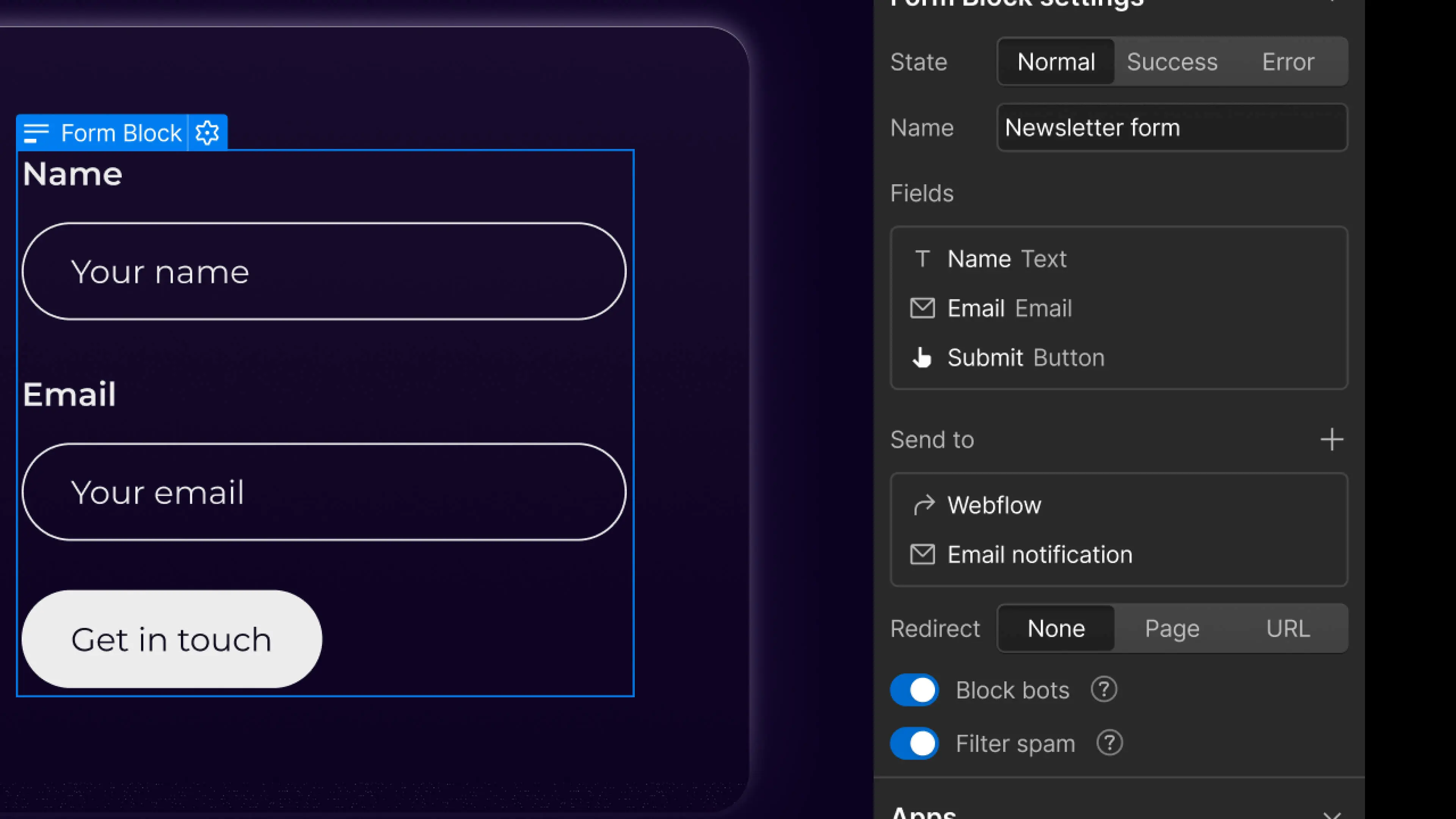 A form creation in Webflow
