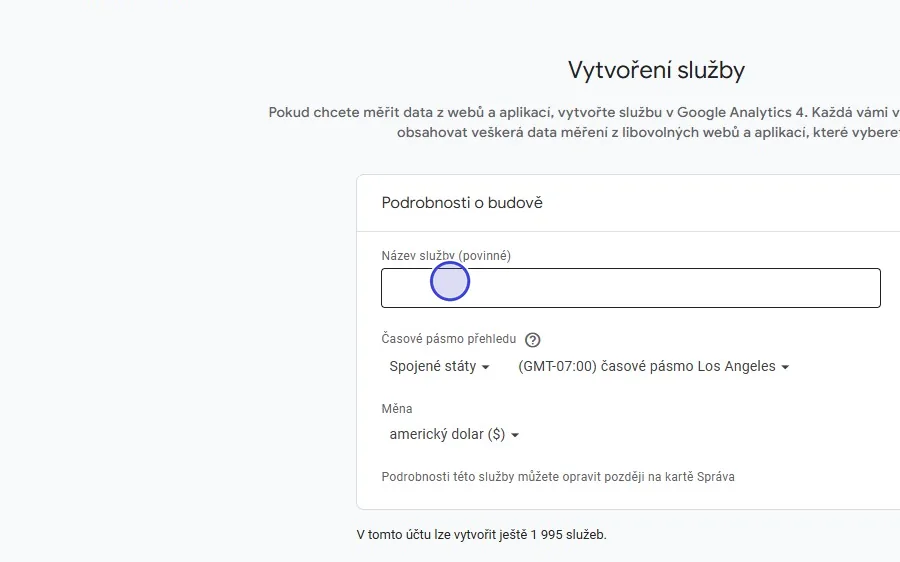 Krok 5: Do pole Název služby vyplňte adresu webu bez www.