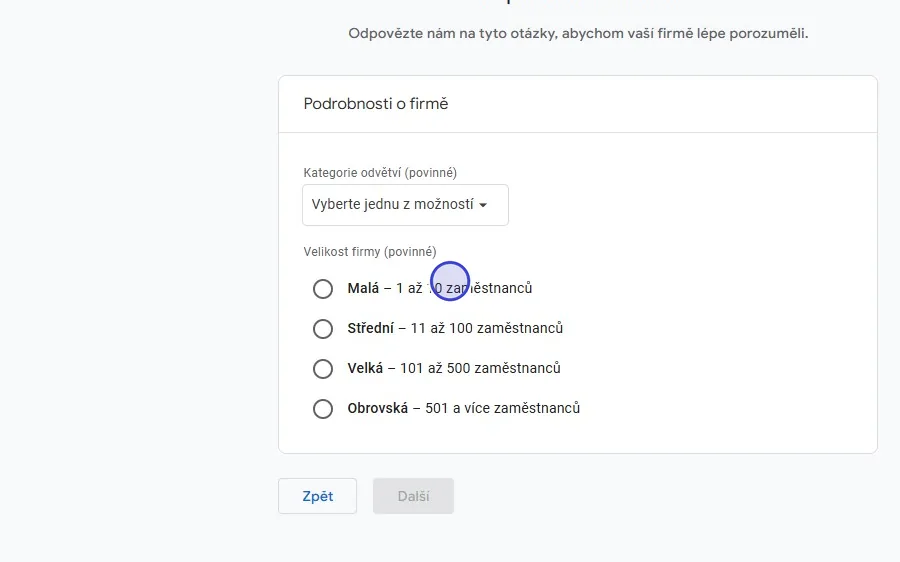 Krok 9: Vyberte velikost vaší firmy.