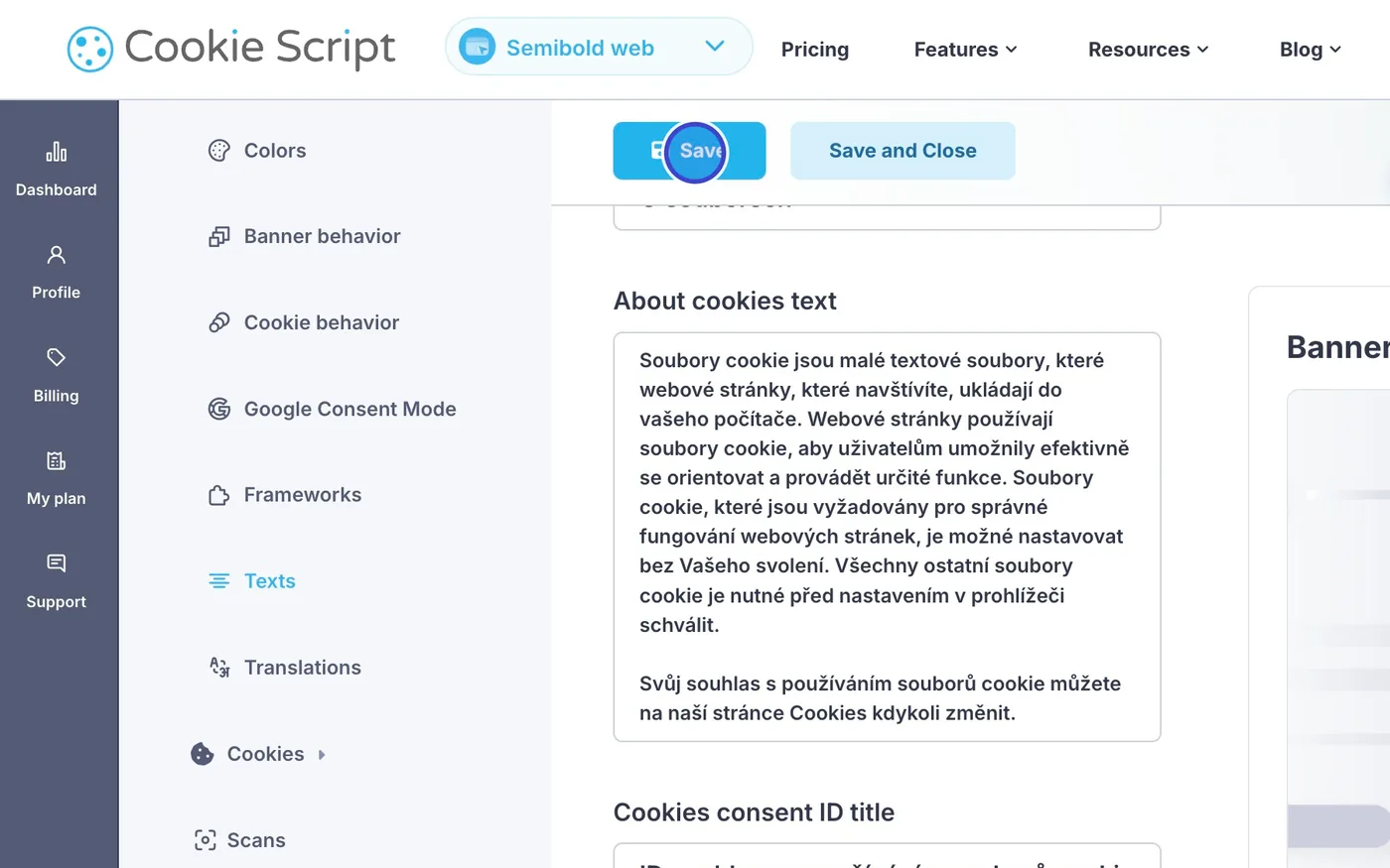 Krok 5: Upravte texty, které se zobrazují v cookie liště na vašem webu, a klikněte na Save.