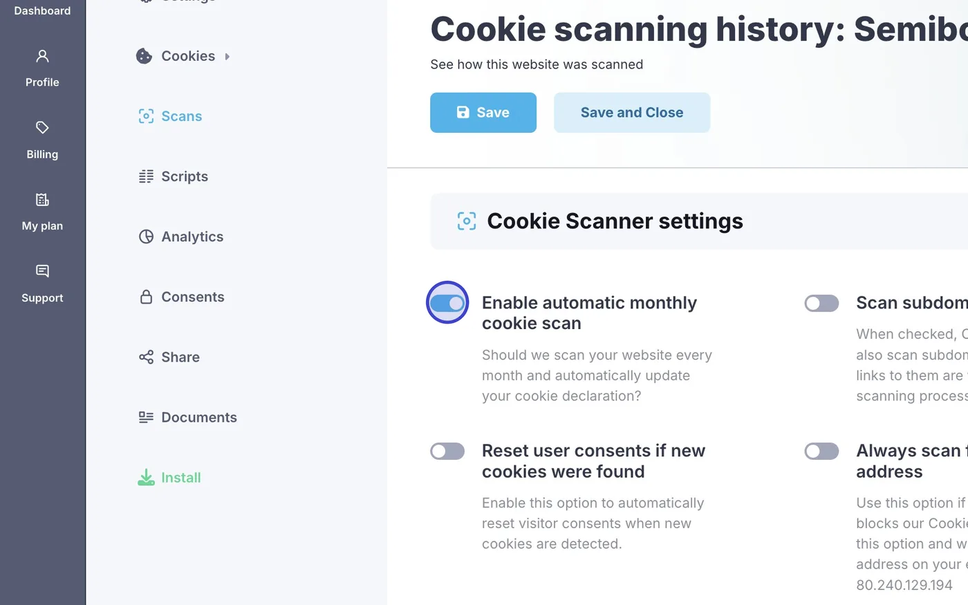 Krok 15: Zkontrolujte, že je zapnuté Enable automatic monthly cookie scan.