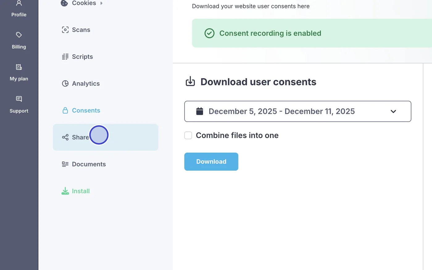 Krok 25: Přístup k webu v Cookie Scriptu nasdílíte v sekci Share.