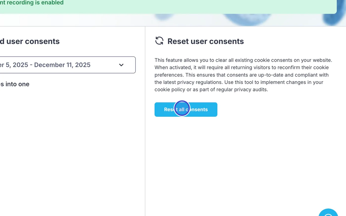Krok 24: Pokud potřebujete okamžitě zrušit souhlasy všech návštěvníků webu, klikněte na Reset all consents.