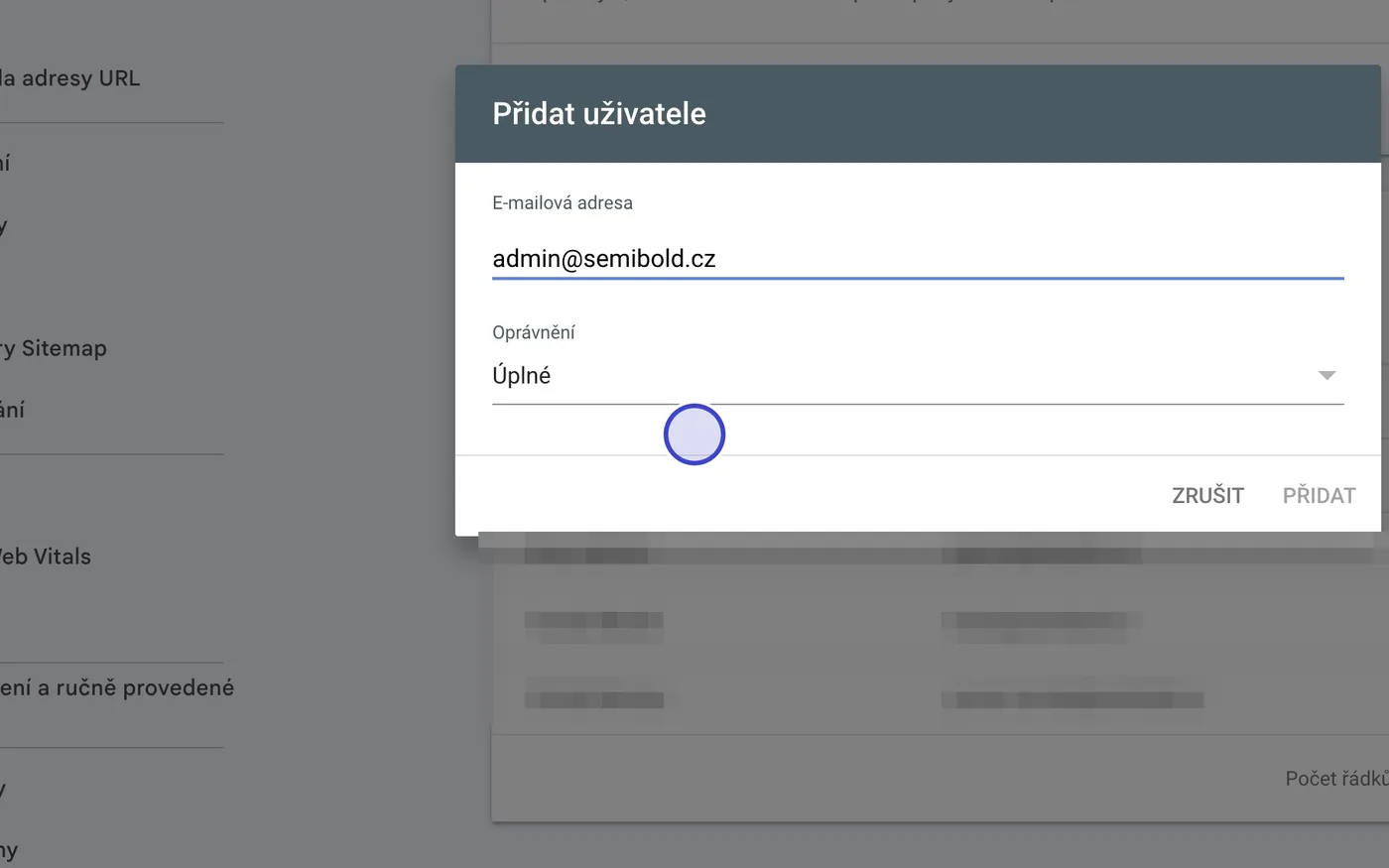 Krok 7: Vyplňte náš e-mail admin@semibold.cz a nastavte oprávnění Úplné.
