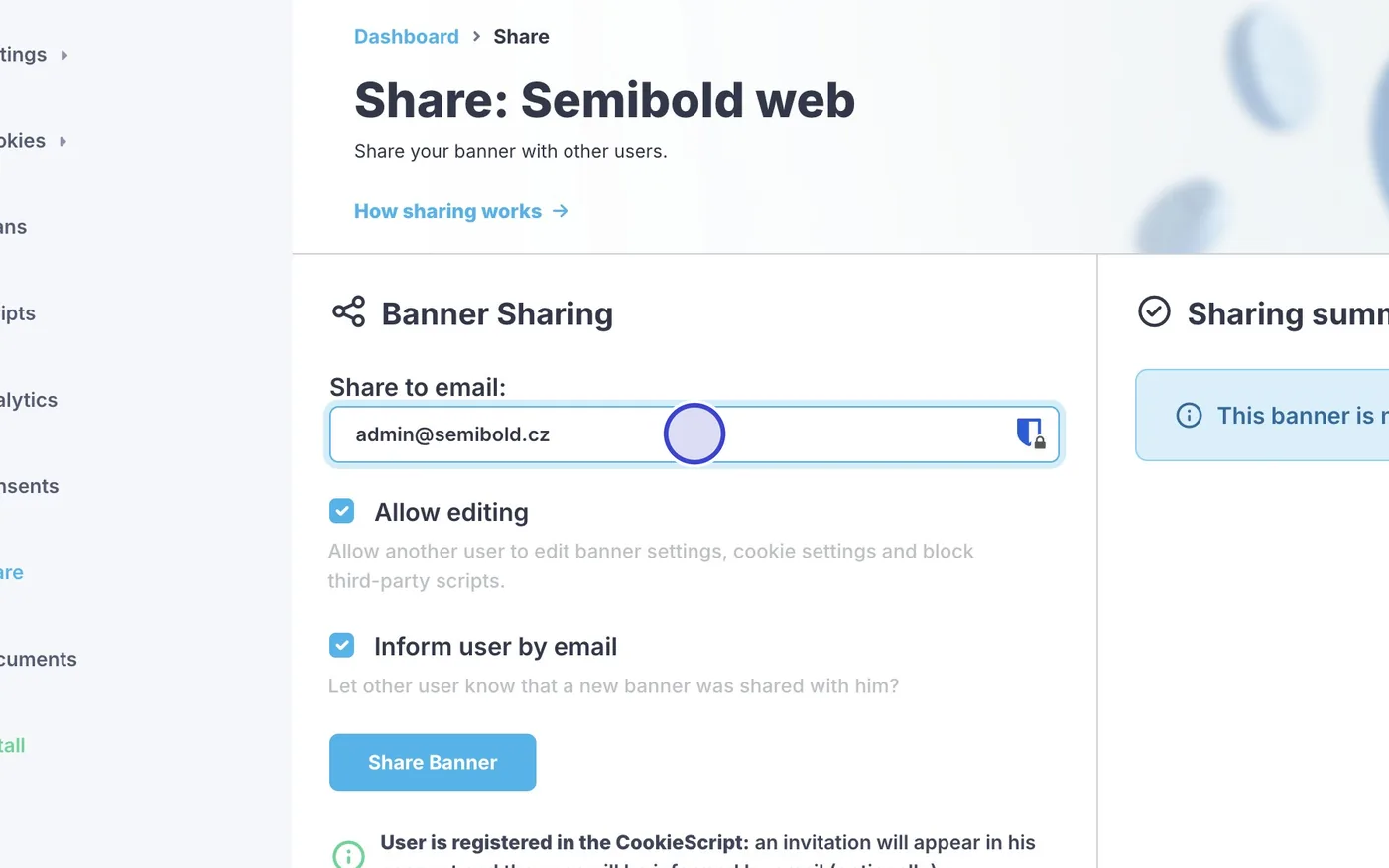 Krok 5: Vyplňte e-mail admin@semibold.cz a nechte zaškrtnuté Allow editing a Inform user by email.
