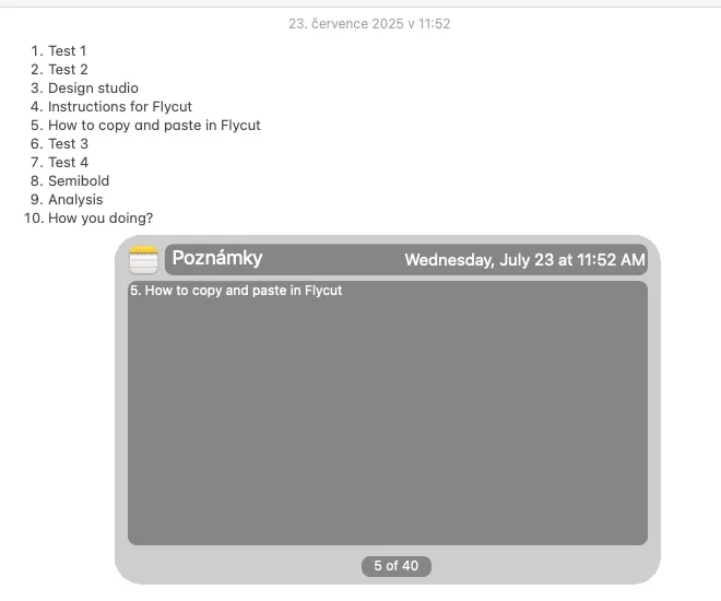 Krok 7: Podržte cmd + shift + v a klávesovými šipkami ← a → vyberte text, který chcete vložit.