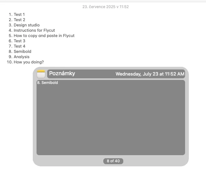 Krok 7: Podržte cmd + shift + v a klávesovými šipkami ← a → vyberte text, který chcete vložit.