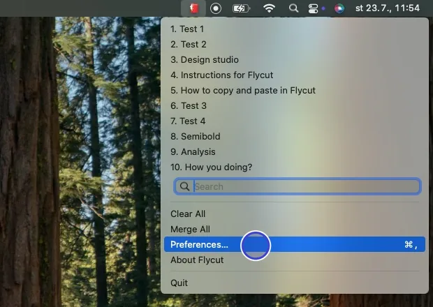 Krok 9: Na horní liště klikněte na ikonu Flycut a přes Preferences… otevřete nastavení.