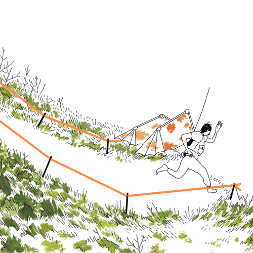 Illustration of a person with a homemade pair of wings, about to jump from a a cliff