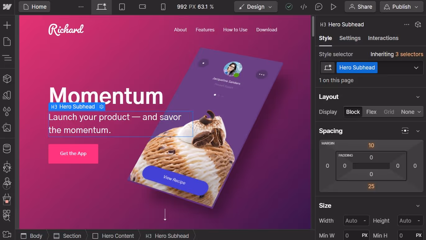 Webflow's customization options in the editor