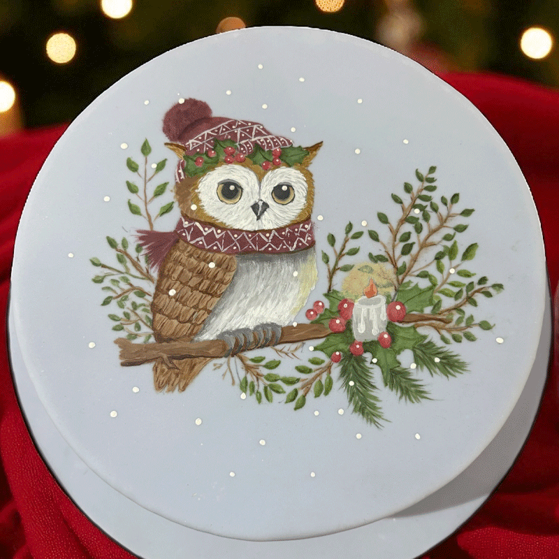 Christmas Cake Painting - The Owl, The Deer and the Snowball Fight