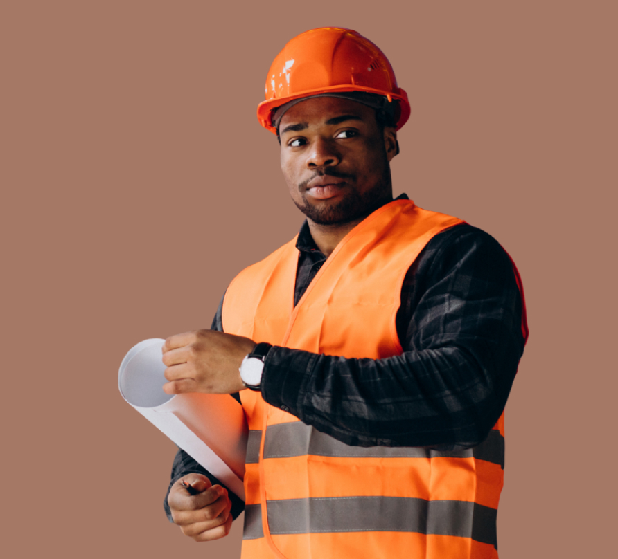 Construction worker wearing an orange safety vest and hard hat holding a rolled blueprint against a brown background.