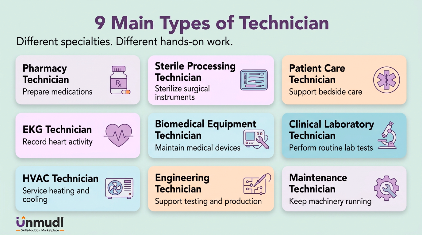 Nine technician specialties: pharmacy, sterile processing, patient care, EKG, biomedical equipment, clinical laboratory, HVAC, engineering, and maintenance