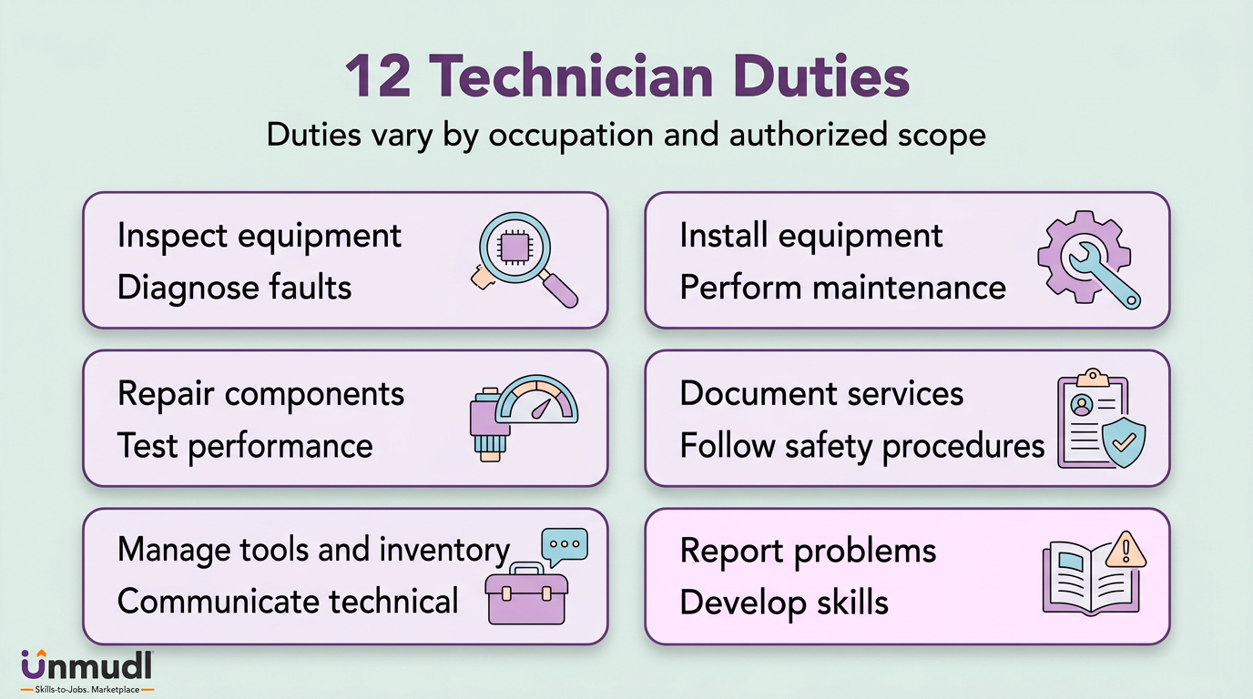 Twelve technician duties from inspecting equipment and diagnosing faults to reporting problems and developing skills
