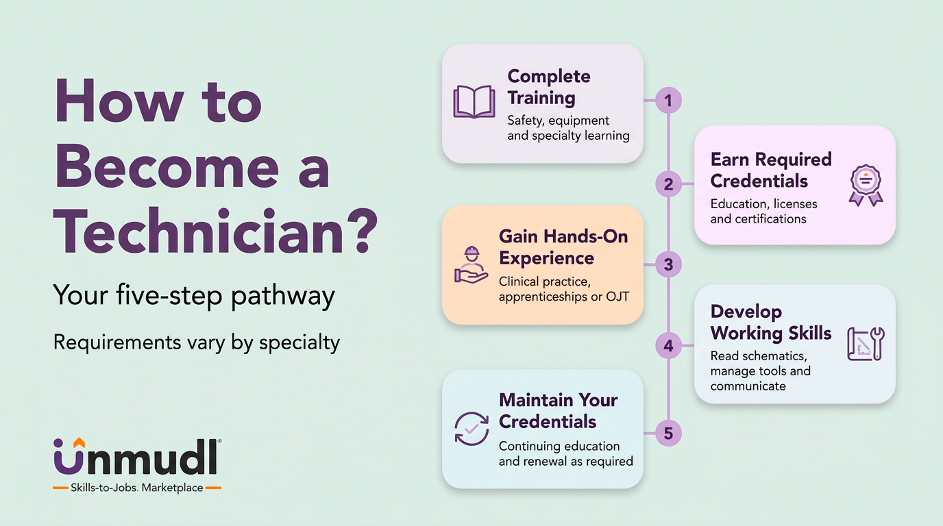 Five steps to become a technician: training, credentials, hands-on experience, working skills, and credential maintenance